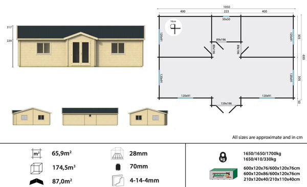 Skerries 70MM  Log Cabin Cottage Prefab Affordable House 34'.4" x 21'.3" (733 SQ FT)